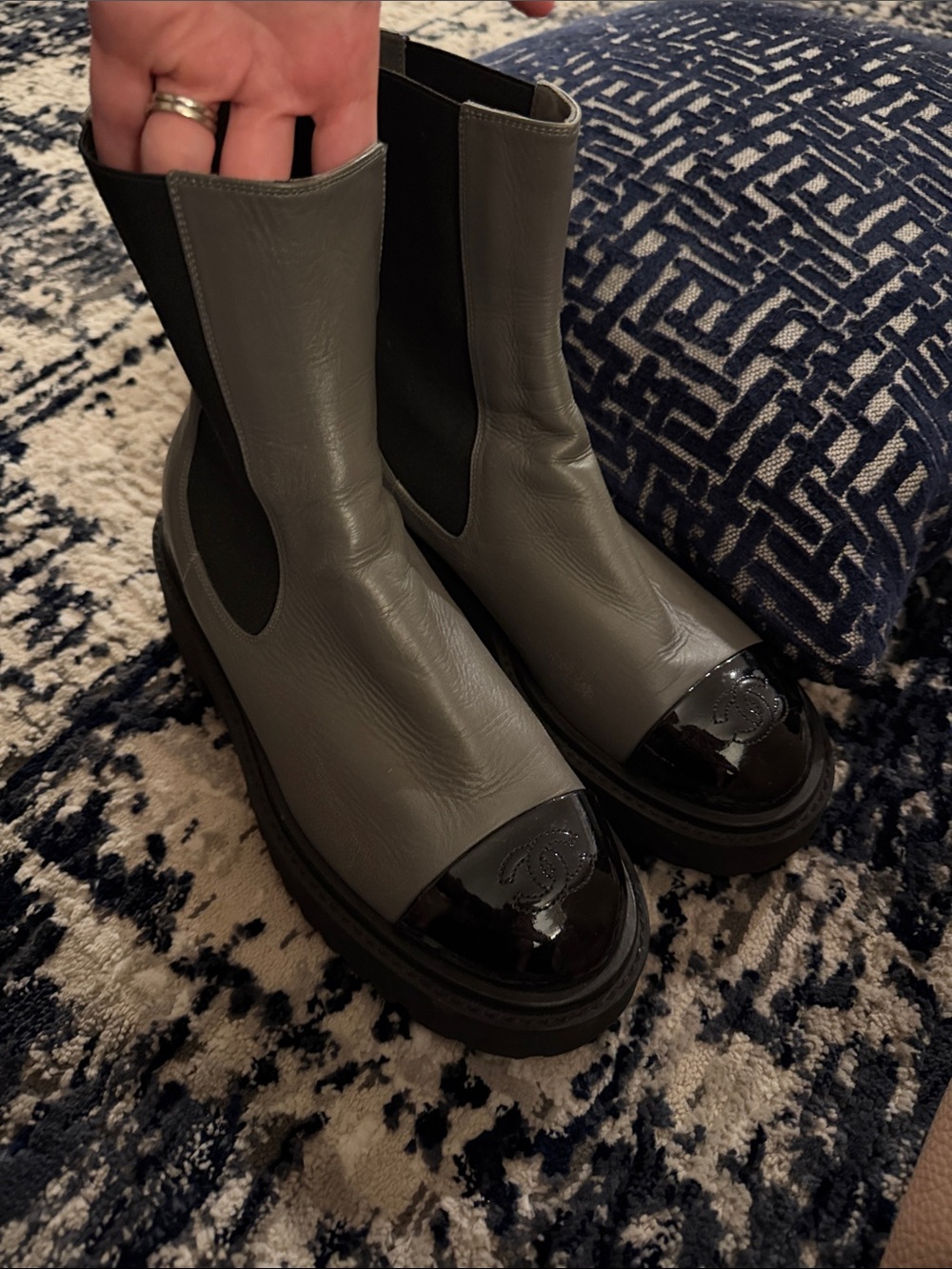 CHANEL Gray Leather Chelsea Boots with Black Patent Toe Cap